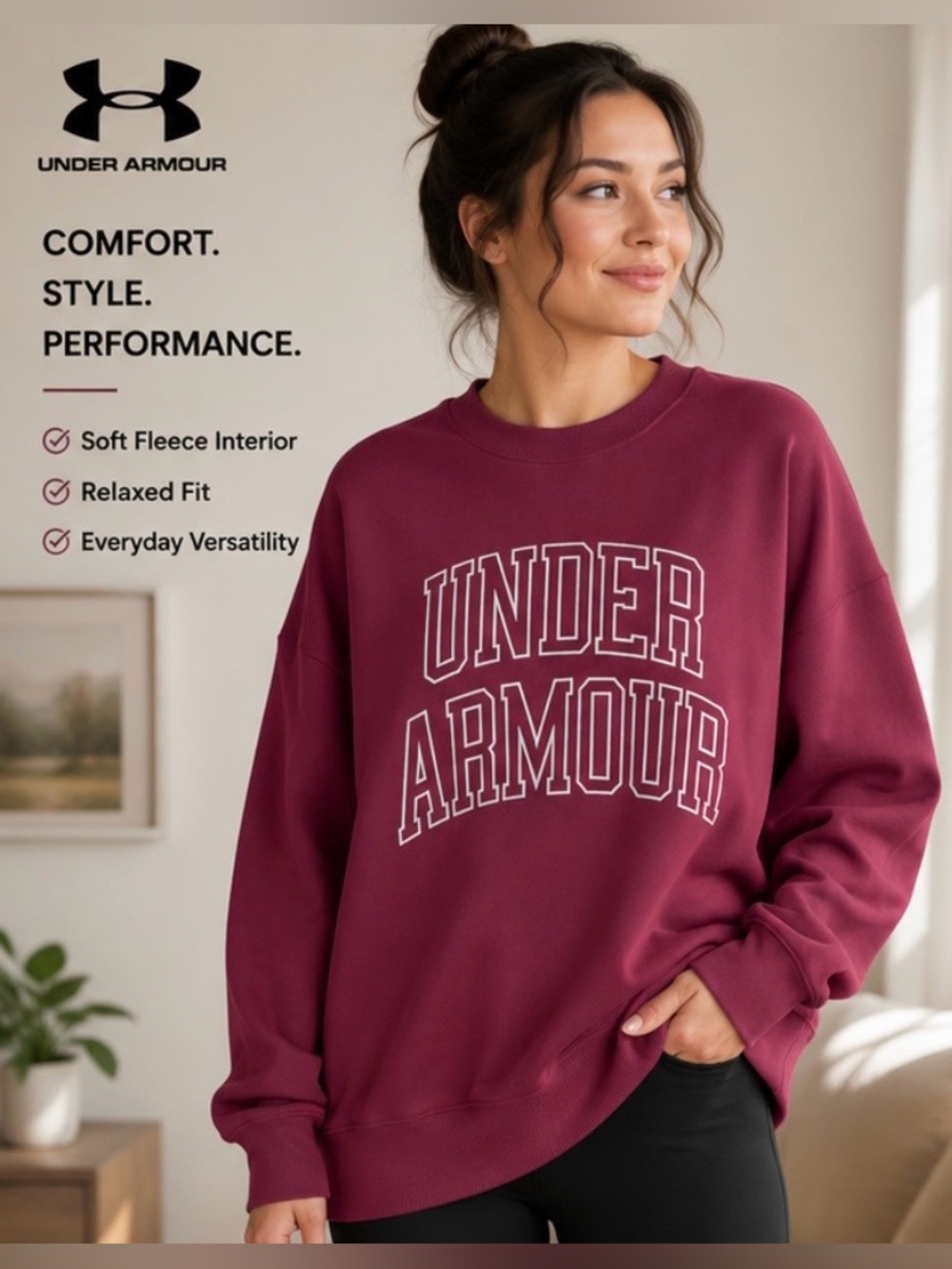 Under Armour Fleece Crewneck Sweatshirt Berry Purple XL Oversized Logo